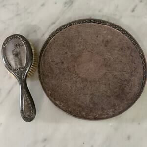 Vintage Pewter Hair Brush and Silver Vanity Tray